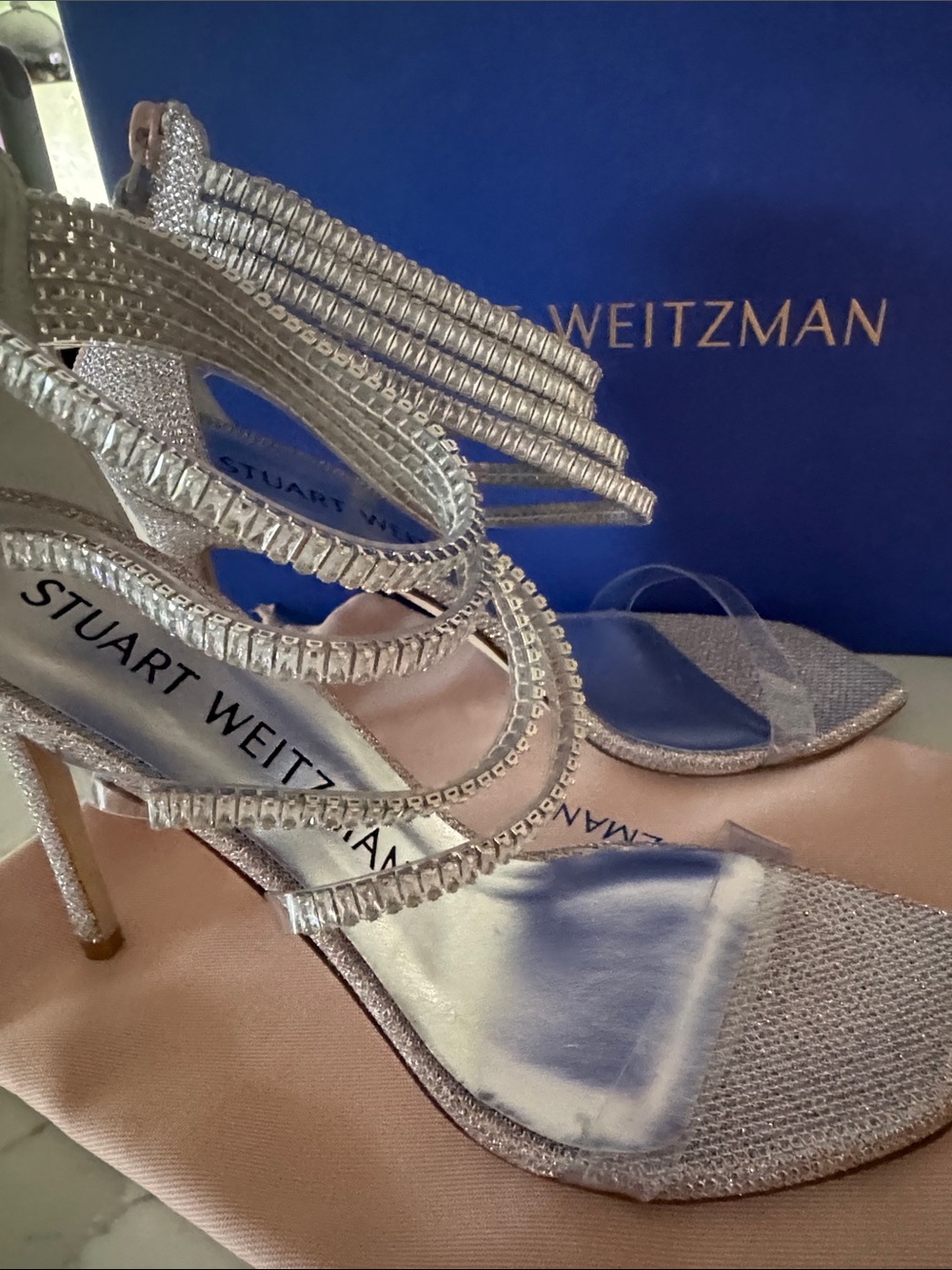 Stuart Weitzman Silver Crystal-Strap Stiletto Sandals 9 - Picture 5 of 16